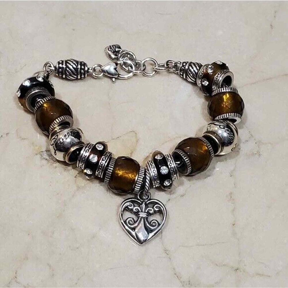 Brighton Charm Bracelet with tiger's eye Brown Faceted Beads Silver Heart Charm